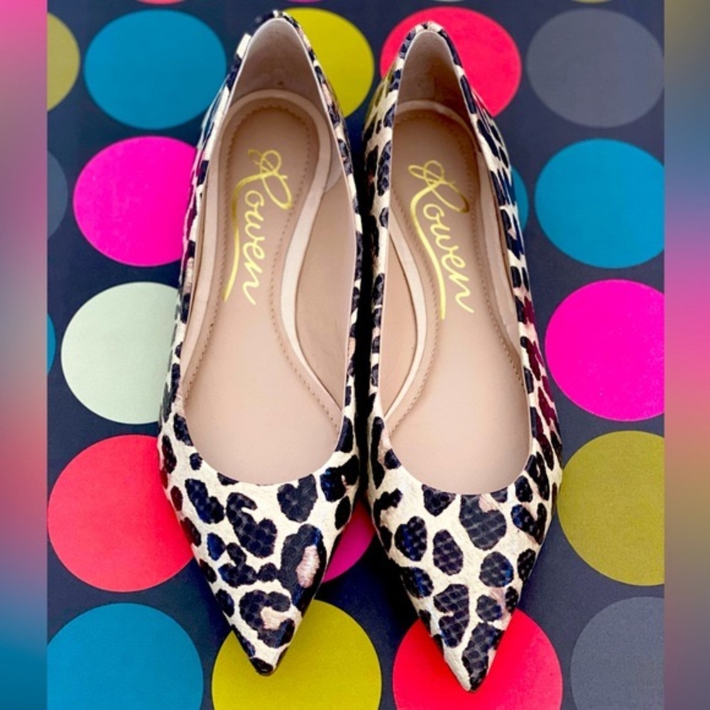 NEVER WORN Rowen Leather Leopard Print Pointed Toe Flats, Size 7